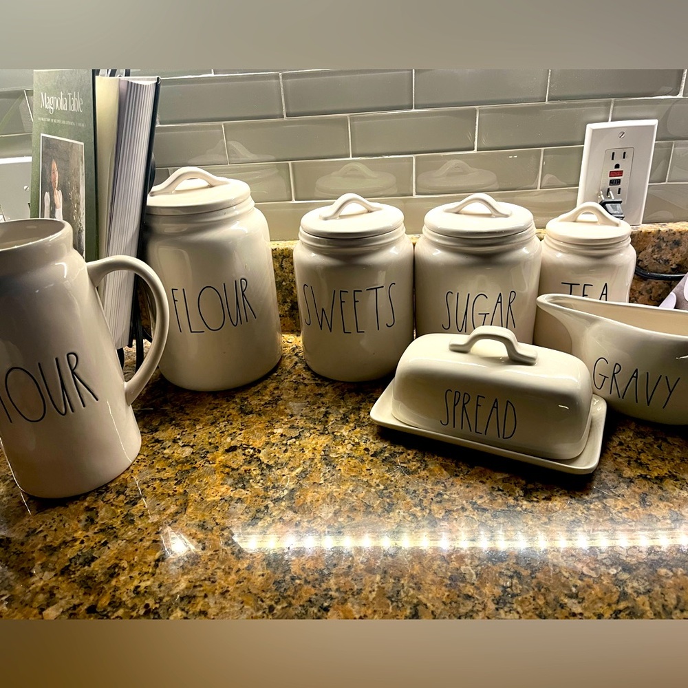 Set of Rae Dunn Canisters, pitcher, butter dish and gravy boat.